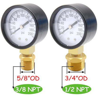 Uenede 0-200PSI Pressure Gauge 1/4" NPT Brass Bottom Mount with Bushing - size: 200PSI(1/4"NPT)