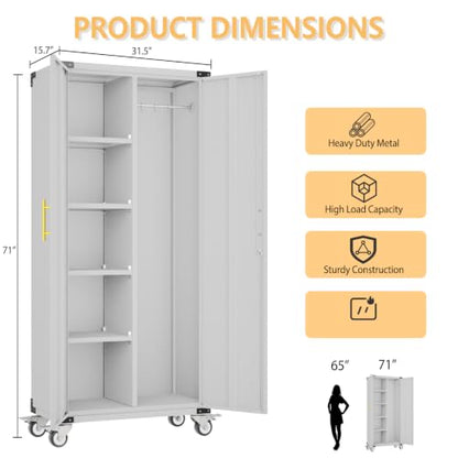 pozdeg 71" Rolling Lockable Metal Broom Closet Storage Cabinet, Grey White - color: Grey White, size: 15.7"D x 31.5"W x 71"H