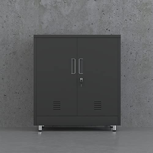 JINGUR Metal Storage Cabinet with Locking Doors and Adjustable Shelf, Small Lockable Sideboard Buffet Cabinet for Home Office Hallway Entryway Living Dining Room (Black) - color: Black