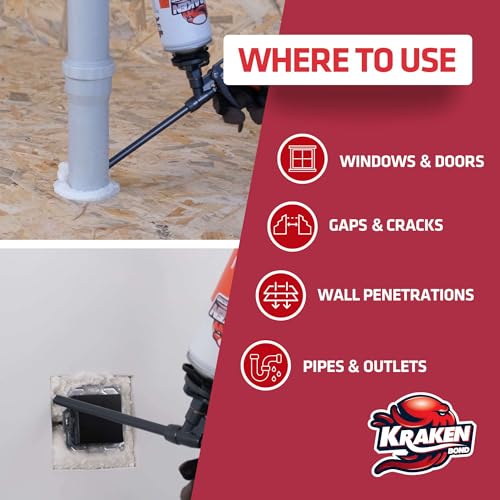 Kraken Bond Window & Door Expanding Foam Sealant - (1x24oz) Professional Gap Filling Gun Use Polyurethane Spray Foam, Low Expansion Waterproof Gap Filler, Gun&Cleaner Included - 1 Pack - size: 1 Pack