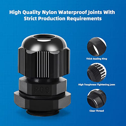 Cable Gland 20 Pack Plastic Waterproof Adjustable Connector 4-8mm PG9 Strain Relief Cord Connectors Joints Nylon with Gaskets - size: PG9(20-pack)