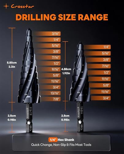 Crosstar 2Pc M35 Cobalt Step Drill Bit Set,3/16"-7/8",1/4" Hex Shank Unibit - size: 2pcs four flute