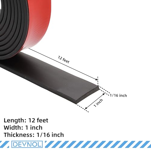 DEVNOL Self-Adhesive Neoprene Rubber Strips 1/16" Thick x 1” Wide x 12' Long, Sealing, Cushioning, Weather Stripping, Gaskets, and DIY Projects, Weatherproof - color: red adhesive backing, size: 1/16" x 1" x 12'