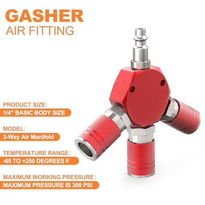 GASHER Red 3-Way 1/4 Inch NPT Aluminum Hex Style Air Manifold with 3 Pieces Steel Industrial Coupler and Plug, Air Compressor Hose Accessories Quick Connect Fittings Air Splitter - style: RED 1PCS