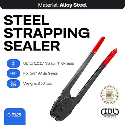 IDL Packaging C-3125 Double-Notched Front-Action Sealer/Crimper for 5/8" Steel Strapping – Durable Tool with Long Handle – Good for Horizontal and Vertical Operation – Heat-Treated Wearing Steel Parts - size: for 5/8" steel strapping