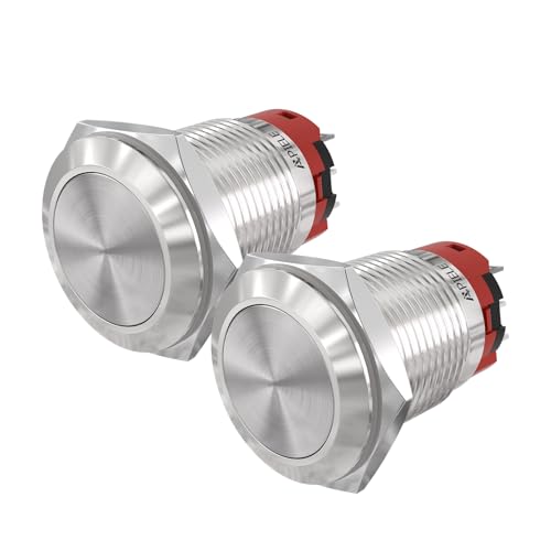 (Pack of 2) APIELE 19mm Latching Push Button Switch Waterproof Stainless Steel Metal Flat Top 12V 24V 36 DC 110V 250V AC 5A 1NO 1NC SPDT (Flat Round Latching) - style: Latching Flat Round