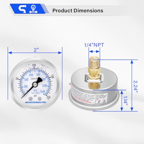 MEASUREMAN PRO 2" Dial Size, Glycerin Filled Pressure Gauge, 0-200psi/kpa, 304 Stainless Steel Case, 1/4" NPT Back Mount,for Air Compressor, Shock, Water System, Well Pump, Tank, Pipe, Pressure Test - size: 2'' (Back Mount), style: 0-200 psi
