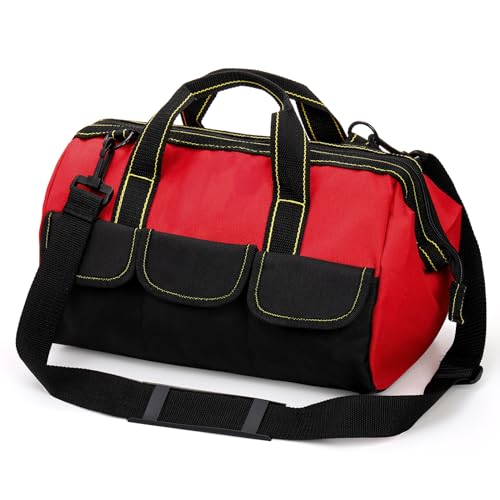 Hiceeden 16 Inch Wide Mouth Tool Bag, Collapsible Tool Tote with Waterproof Coating and Adjustable Strap, Portable Electrician Tool Organizer Handbag with 5 Outside Pockets, Red - size: 16.1 x 8.2 x 8.6 inches