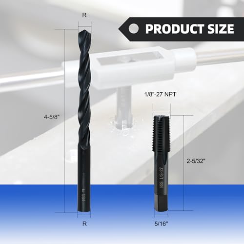 1/8-27 NPT Pipe Tap and R drill Set,Hand Threading Plumbing Tap Set - size: 1/8"-27 NPT Tap, R Drill