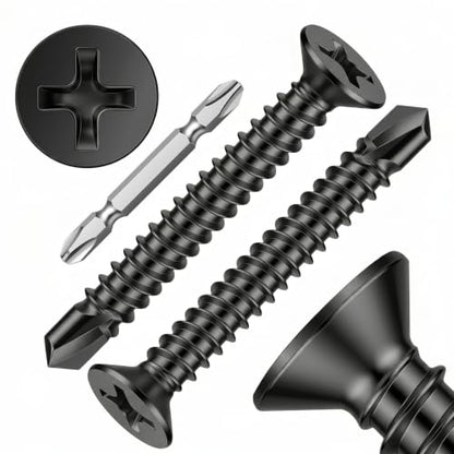 Mellewell #8 x 1-1/2" Black Flat Head Sheet Metal Screws, 100 PCS - color: Black, size: #8 x 1-1/2"