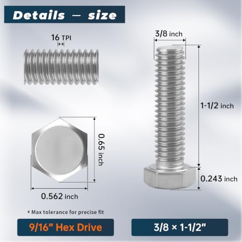 8 Sets Glvaner 3/8-16 x 1-1/2" Stainless Steel Hex Head Screws Bolts, Nuts, Flat & Lock Washers, 18-8 (304) Stainless Steel, Full Thread, Coarse Thread - size: 3/8-16 x 1-1/2"