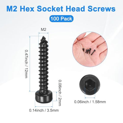 M METERXITY 100 Pack Hex Socket Head Screws, M2x12mm Stainless Steel Bolts Full Thread Self Tapping Screws for Furniture Machinery Electrical Appliances [Black] - size: M2x12mm