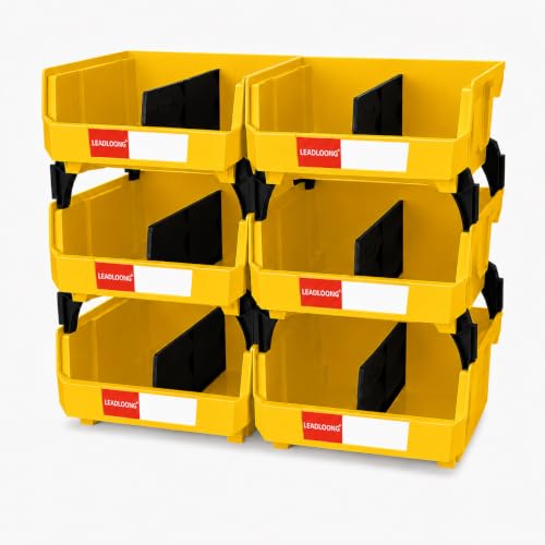 6 Pack Stackable Storage Bins Heavy Duty Parts Organizer Yellow - color: Yellow-6 Pack, size: 11"x11"x5"