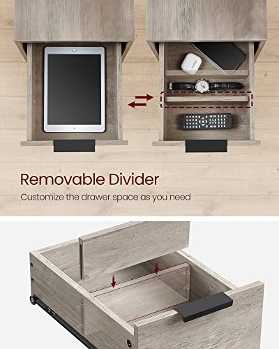 VASAGLE Side End Table with Charging Station, Slim Nightstand with Storage - color: Heather Greige + Ink Black, size: 23.6"D x 13.8"W