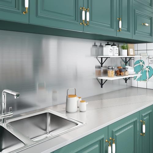 Livelynine 24x394 Stainless Steel Peel and Stick Countertop Contact Paper Heat Resistant Waterproof Wallpaper Kitchen Counter Top Silver Contact Paper Appliances Fridge Wrap Vinyl Refrigerator Covers - size: 24" x 394"