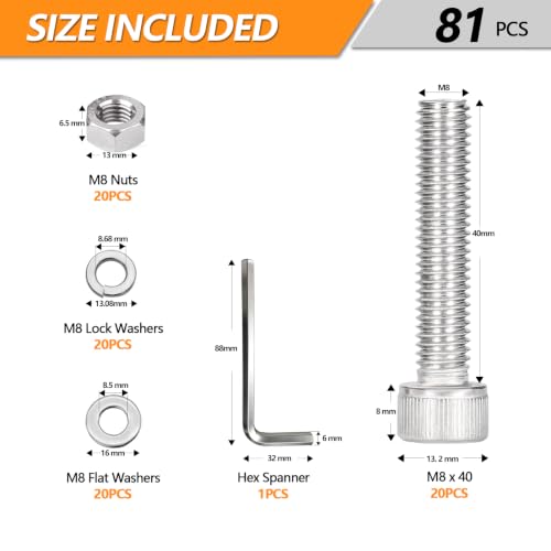 20 Sets Metric M8 Hex Socket Head Cap Screws Bolts Kit, M8-40mm Screw - size: M8 - 40mm