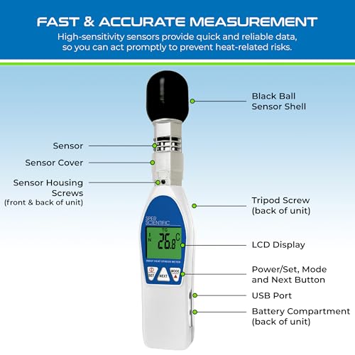 Sper Scientific Wet Bulb Globe Heat Stress Meter 800036 - WBGT Heat Index Monitor with Air Temperature Humidity & Globe Temperature for Workplace Sports & Outdoor Activities