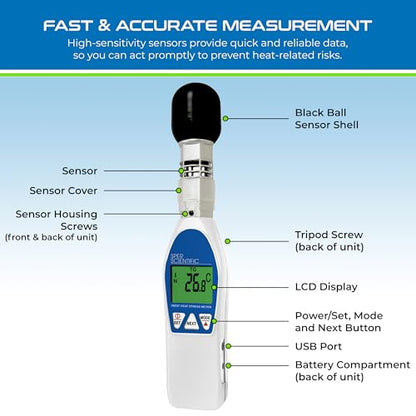 Sper Scientific Wet Bulb Globe Heat Stress Meter 800036 - WBGT Heat Index Monitor with Air Temperature Humidity & Globe Temperature for Workplace Sports & Outdoor Activities