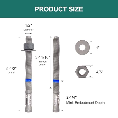 1/2" x 5-1/2" Concrete Anchors (10 Pack) 1/2 inch Wedge Anchors Bolts Hot Dip Galvanized - size: 1/2"x5-1/2" (10 PCS)