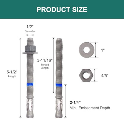 1/2" x 5-1/2" Concrete Anchors (10 Pack) 1/2 inch Wedge Anchors Bolts Hot Dip Galvanized - size: 1/2"x5-1/2" (10 PCS)