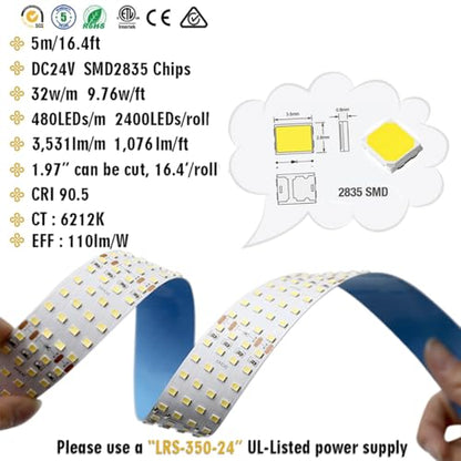 Super Bright White LED Strip - 2835SMD High CRI 90 Quad Row Flexible LED Strip Lights - 24VDC IP20 17,650 lm/Roll for LED Retail Shops, Videography Lighting (5m/16.4' Daylight White) - size: 5m/16.4' Daylight White