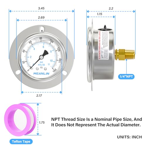 MEANLIN MEASURE 0~160Psi Liquid Filled Pressure Gauge Front Flange Panel Mount, 1/4" NPT 2.5" FACE DIAL Stainless Steel Case with Phillips Screw and Nut, +/-3-2-3% - size: 0-160Psi