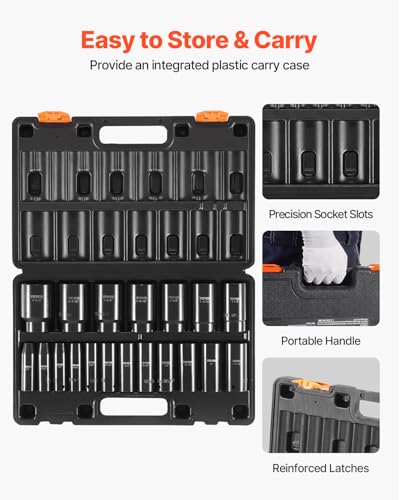 VEVOR Impact Socket Set 1/2 Inches 19 Piece, Deep Socket, 6-Point Sockets, Rugged Construction, Cr-V, 1/2 Inches Drive Socket Set Impact 3/8 inch - 1-1/2 inch, with a Storage Cage - size: 1/2" 19PCS