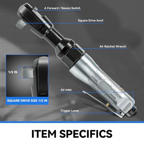 Auto Dynasty 17 Pieces 1/2" Air Ratchet Wrench Kit Set Heavy-Duty Aluminum Body, 50 ft-lb Max Torque, 160 RPM Speed, Versatile Pneumatic Sockets