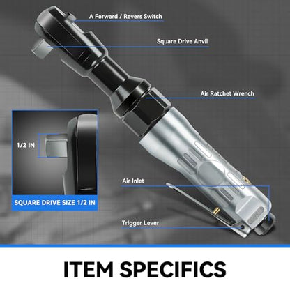 Auto Dynasty 17 Pieces 1/2" Air Ratchet Wrench Kit Set Heavy-Duty Aluminum Body, 50 ft-lb Max Torque, 160 RPM Speed, Versatile Pneumatic Sockets