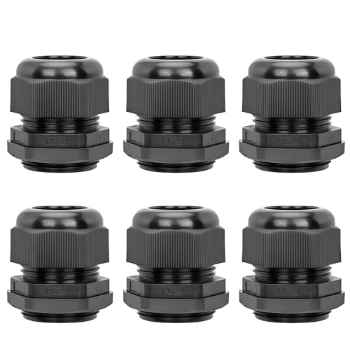 6 Pcs PG29 Cable Gland 18-25mm Waterproof IP68 Nylon Black PA66 Connector - size: PG29(6Pcs)