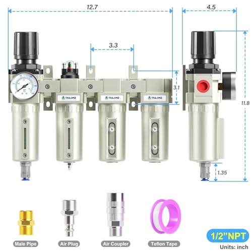 TAILONZ PNEUMATIC 0-240 PSI 1/2 Inch NPT Industrial Grade 4-Stage Air Drying System, Particulate Filter, Dual Desiccant Dryer, 5 Micron & 0.01 Micron Filtration (Auto Drain) - color: 4 Stage(2filter+2dryer), size: 1/2" NPT/Automatic Drainage