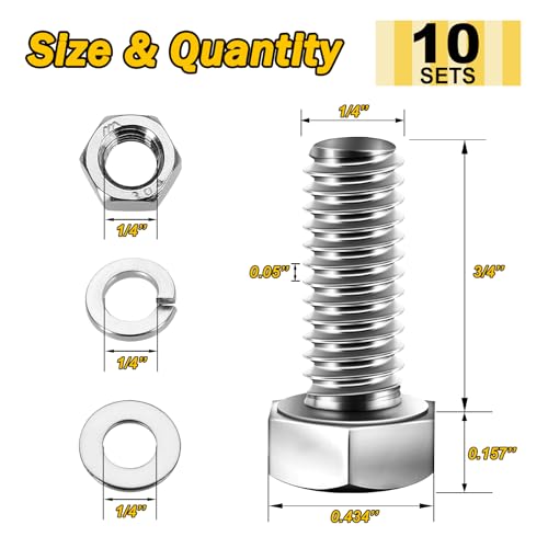 Mywish (10 Sets) 1/4-20x3/4 Hex Head Assorted Screws Nuts and Bolts with Flat & Lock Washers, 304 Stainless Steel 18-8, Fully Threaded, 1/4 Bolt Metric Bolt Assortment - size: 1/4-20 x 3/4 (10 set)