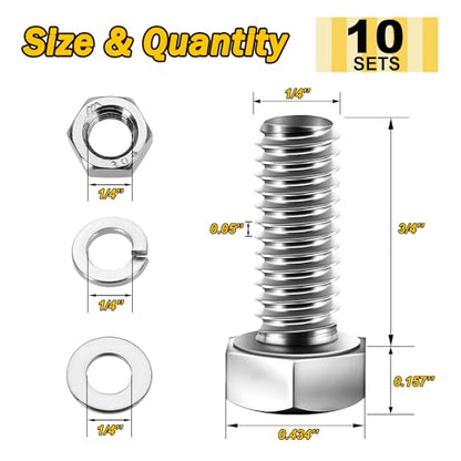 Mywish (10 Sets) 1/4-20x3/4 Hex Head Assorted Screws Nuts and Bolts with Flat & Lock Washers, 304 Stainless Steel 18-8, Fully Threaded, 1/4 Bolt Metric Bolt Assortment - size: 1/4-20 x 3/4 (10 set)