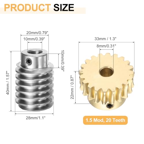 uxcell Worm Gear Set 20T 1.5 Module 20:1 Reduction Rate, Right Rotation Drive Gear Box Wheel Reduce Transmission Part (Brass Gear-8mm Bore, #45 Steel Rod 10mm Bore) - size: 8mm x 10mm