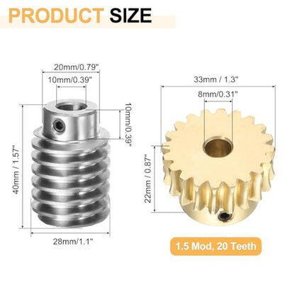 uxcell Worm Gear Set 20T 1.5 Module 20:1 Reduction Rate, Right Rotation Drive Gear Box Wheel Reduce Transmission Part (Brass Gear-8mm Bore, #45 Steel Rod 10mm Bore) - size: 8mm x 10mm