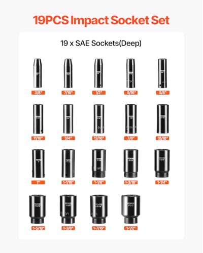 VEVOR Impact Socket Set 1/2 Inches 19 Piece, Deep Socket, 6-Point Sockets, Rugged Construction, Cr-V, 1/2 Inches Drive Socket Set Impact 3/8 inch - 1-1/2 inch, with a Storage Cage - size: 1/2" 19PCS