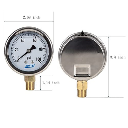 Pressure Gauge,Glycerin Liquid Filled,2.5" Dia,0-100 psi(Single Scale),1/4" NPT Brass Connection,Lower Mount, Stainless Steel Case,for Pneumatic,Pump,Hose,Well Tank,Gas Air Water Oil - size: 0-100 psi, style: lower mount(single scale )