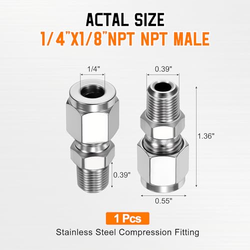 1/4"OD Compression x 1/8" NPT Male Union Coupling Connector - size: 1/4" OD Compression x 1/8" NPT Male