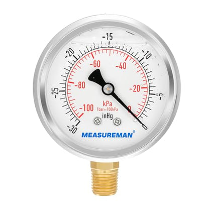 MEASUREMAN 2-1/2" dial,Glycerin Filled, Stainless Steel case, Brass Inside, 30inHg/-100kpa-0,1/4" NPT Lower Mount - size: -14.7-0 psi, style: Lower Mount