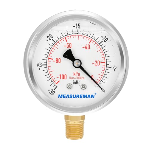 MEASUREMAN 2-1/2" dial,Glycerin Filled, Stainless Steel case, Brass Inside, 30inHg/-100kpa-0,1/4" NPT Lower Mount - size: -14.7-0 psi, style: Lower Mount