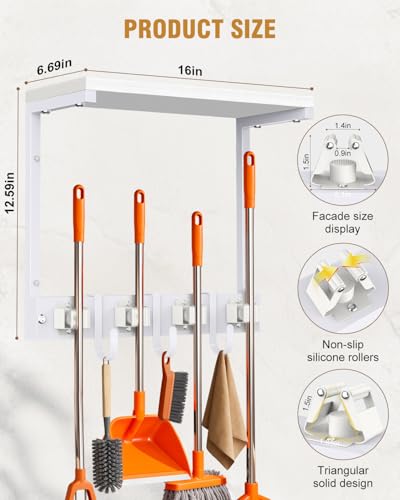 Supforce Small Broom Holder Wall Mount with Shelf, 4 Slots 3 Hooks - color: White, size: Small