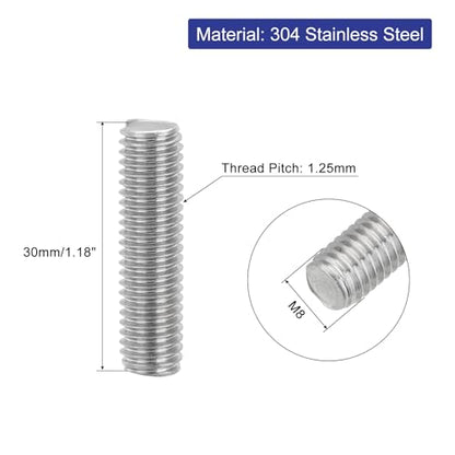 uxcell 8Pcs Fully Threaded Rod, M8 x 30mm 304 Stainless Steel Right Hand Thread Bar Studs M8-1.25 Thread Pitch for Furniture Machinery Assembly - size: M8 x 30mm