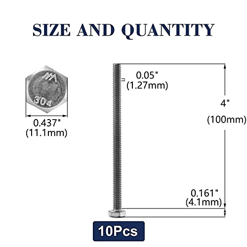 1/4-20 x 4 Hex Head Screw Bolt, 10Pcs 18-8 (304) Stainless Steel, Fully Threaded, Plain Finish, by SG TZH - size: 1/4-20 x 4"