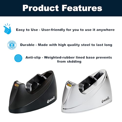 MDJ by Excell Desktop Tape Dispenser (Fits 1" + 3" Core) with Heavy-Weighted Base for One-Hand Dispensing for Office, Home, School, Masking, Heat Transfer, Sublimation, Crafts, Gift Wrapping (Chrome) - color: Chrome