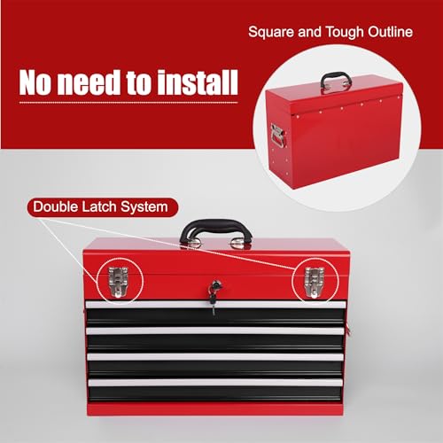 Heavy Duty Metal Tool Box, 21-inch, Portable Metal Tool Box with 4 Drawers, Small Tool Chest with EVA Liners, Ball Bearing Slide Drawers Locking & Powder Coated Finish, Multi-Function Tool Organizer - color: Tool Box-black&red