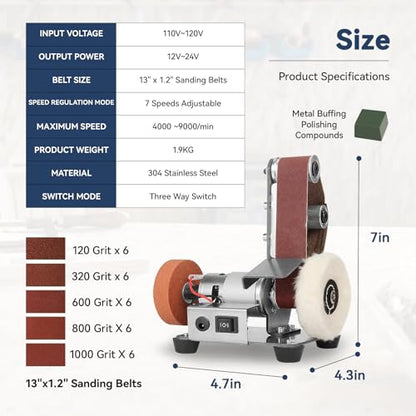 Mini Belt Sander, 3 IN 1 Electric Mini Grinder, 7 Adjustable Speed Belt Grinder, Bench Sander for DIY Metal Woodworking Knife