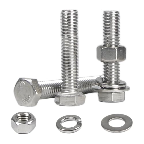 MroMax 8 Sets 3/8-16 x 1-1/4" Hex Head Screw Bolt, Nuts, Flat Washer & Spring Lock Washers Kits,Fully Threaded, Stainless Steel 18-8（304）, Bright Finish - size: 3/8-16 x 1-1/4" (8 Sets)