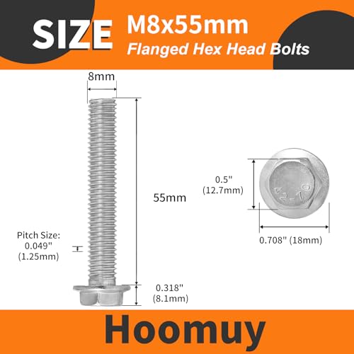M8 x 55mm 10pcs Heavy Duty Flanged Hex Head Bolts, Flange Hexagon Head Screws, Stainless Steel 304, Metric Fully Threaded, Bright Finish - size: M8 x 55mm(10pcs)