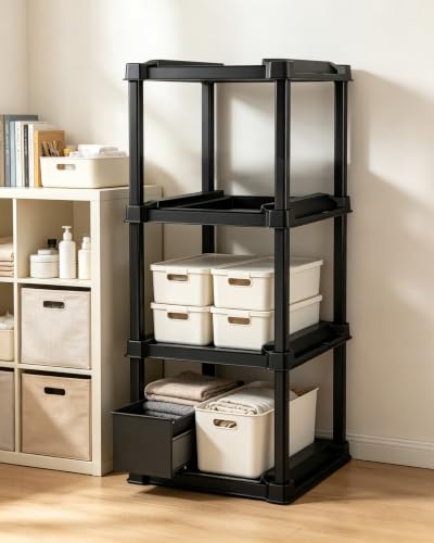 4-Tier Tote Rack Heavy Duty Plastic Garage Organizer Black