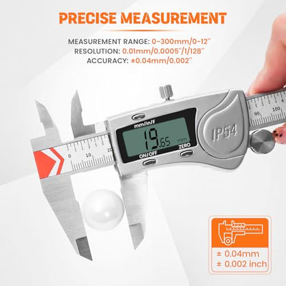 HARDELL Digital Caliper 12 Inch, All Metal Digital Caliper Measuring Tool with 3-Batteries & Extra Cover, IP54 Waterproof Heavy-Duty Vernier Caliper, Inch/MM/Fraction, Auto-Off for DIY/3D-Printing - size: 12 Inch